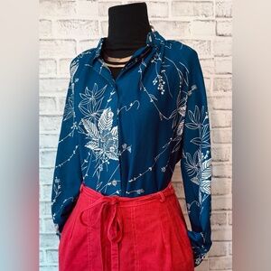 Vintage Blue Botanical Print Button Up Blouse with High Collar